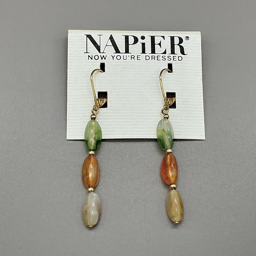 Napier Earrings Beaded Dangle Multicolor Resin Oval Beads Gold Tone Womens 2.5"